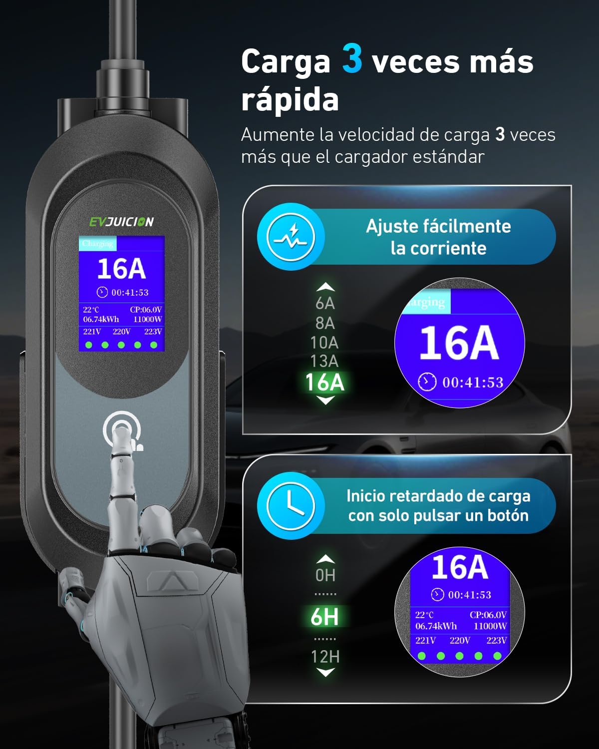 EVJUICION Mobiele Wallbox 11kW 8M [3-fasen 6A-16A IP67] Type 2 oplaadkabel 11kW CEE 16A naar Type 2, EV-oplader met 2,4'' LCD-scherm en kabelhouder, Mobiele laadstation Geprogrammeerde oplaadtijd 0