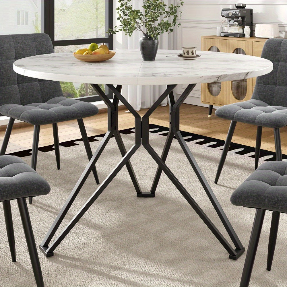 Rond Eettafel – Ronde Tafel – Keukentafel – Eetkamertafel – Compacte Eettafel – MDF Blad Met Marmerlook – Metalen Poot Zwart/Wit – 100x100x76 cm – Voor 4 Personen
