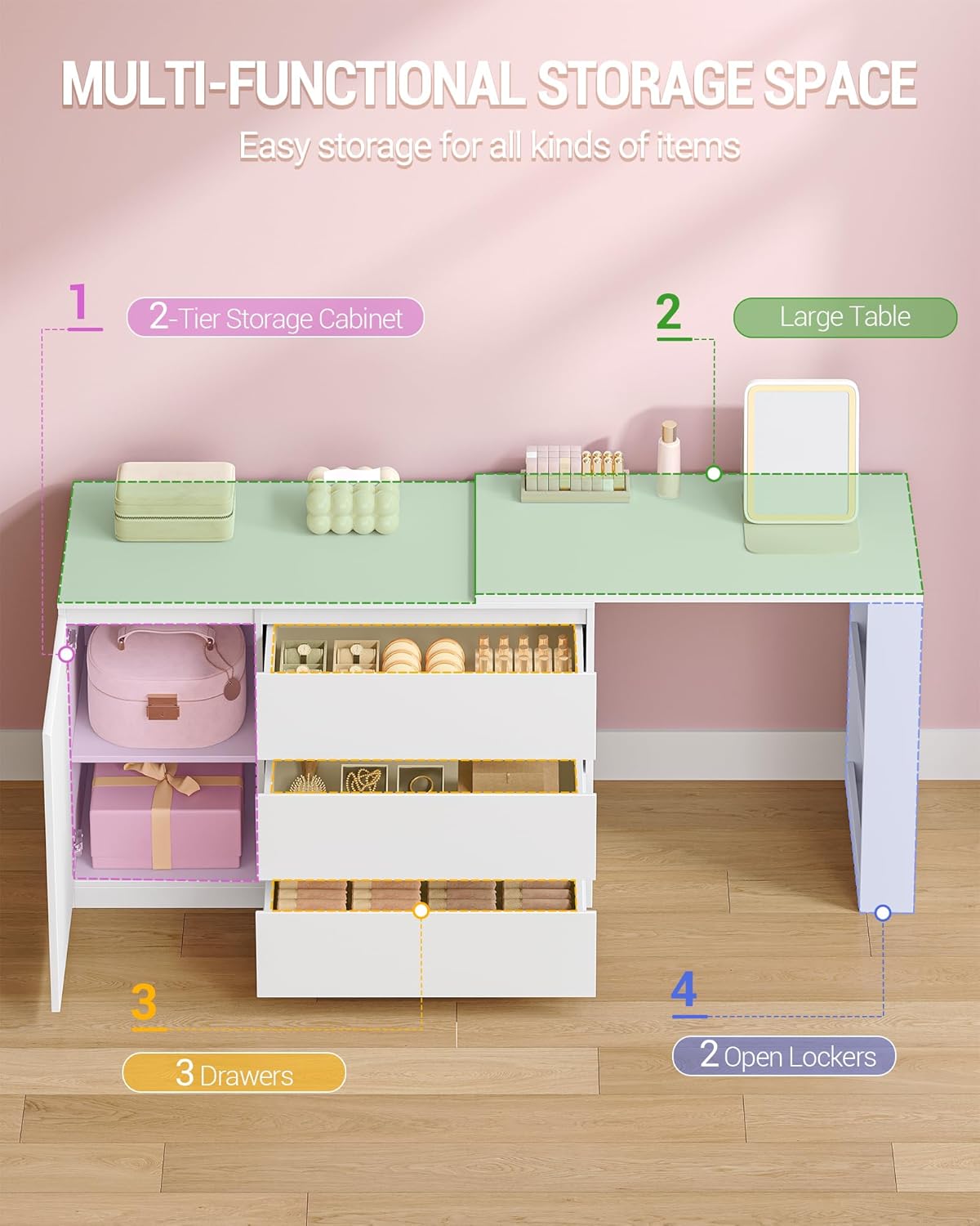 Hzuaneri Dressing Table with Drawers, L-Shaped Corner Dressing Table, Dressing Table with 1 Storage Cabinet and 2 Open Storage Shelves, Bedroom, Living Room, Modern, White DT42803XEU