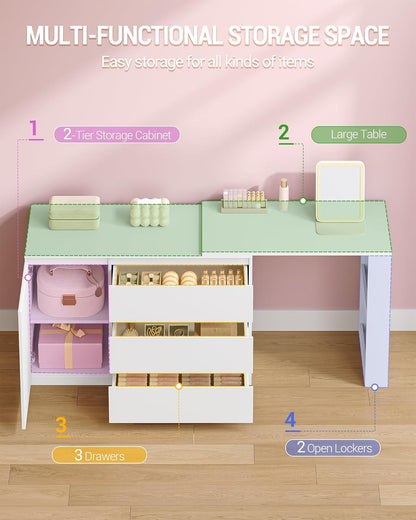 Hzuaneri Dressing Table with Drawers, L-Shaped Corner Dressing Table, Dressing Table with 1 Storage Cabinet and 2 Open Storage Shelves, Bedroom, Living Room, Modern, White DT42803XEU