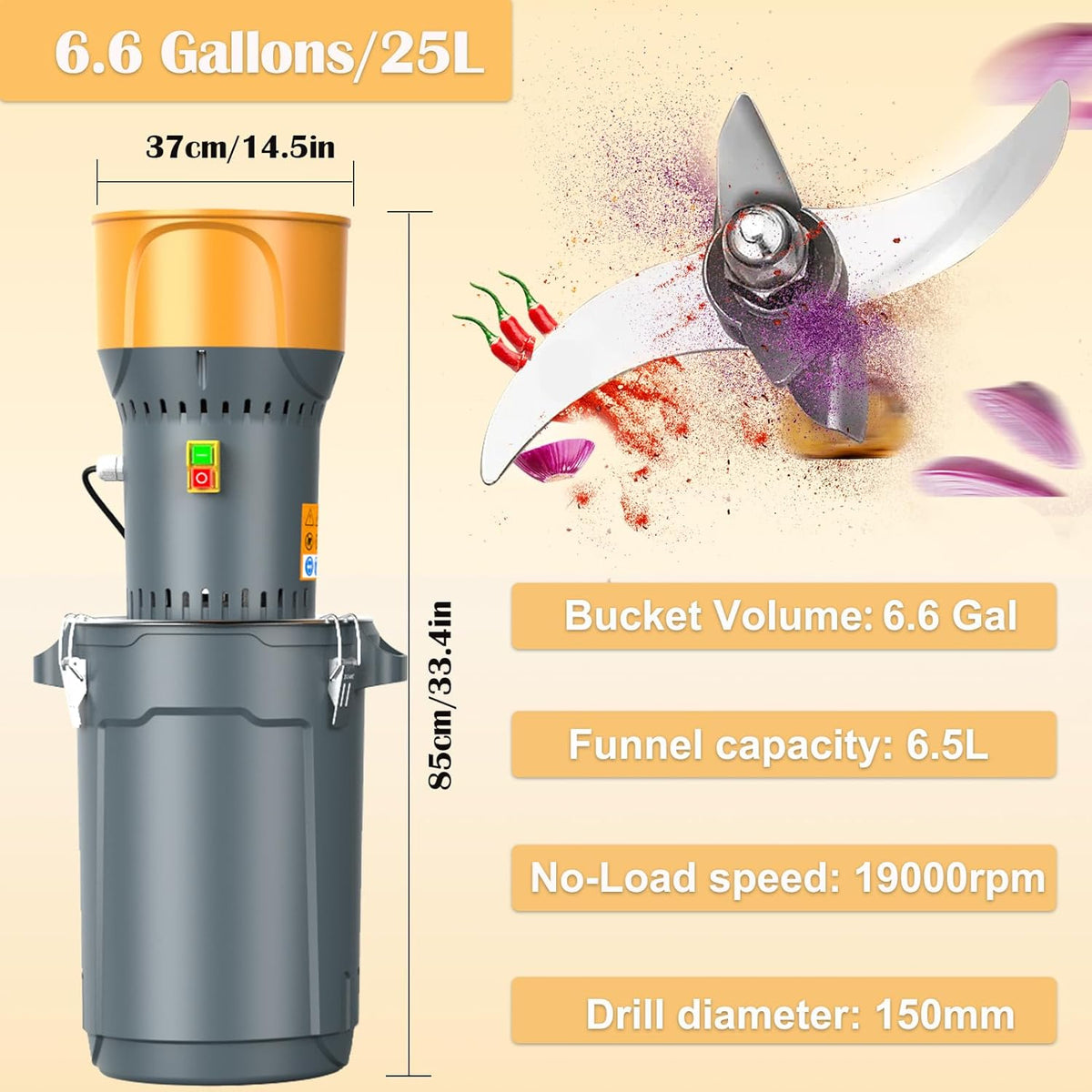 Elektrische Graanmolen – Maïsmolen, Meelmolen, Tarwemolen, Voermolen – Geel – 25 Liter Capaciteit – 7 Zeefmaten