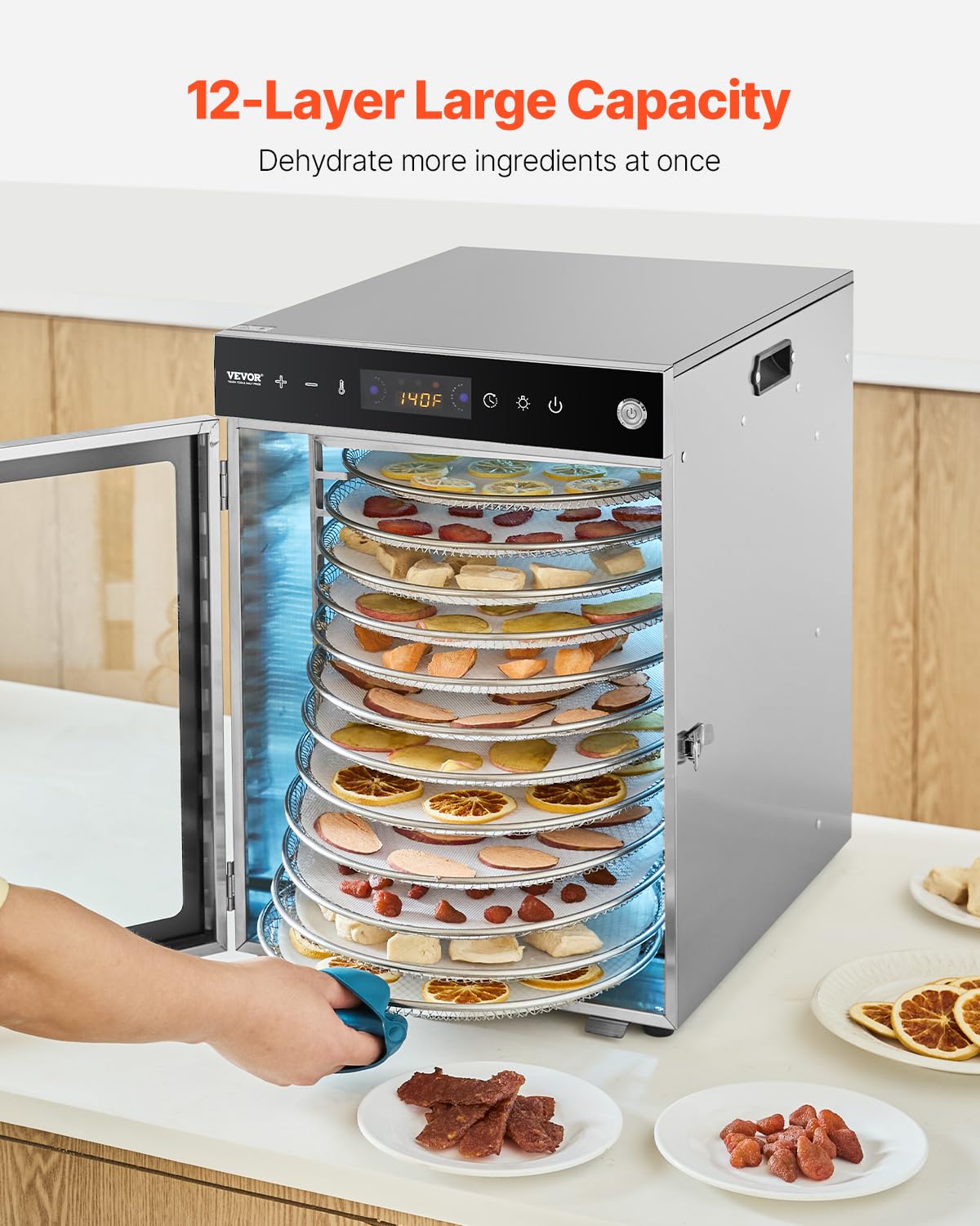 VEVOR Voedseldroger, 12 schalen van roestvrij staal, 800 W, met instelbare temperatuur en 24-uurs timer voor droog, fruit, groenten, kruiden