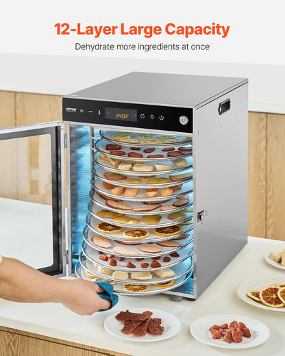 VEVOR Voedseldroger, 12 schalen van roestvrij staal, 800 W, met instelbare temperatuur en 24-uurs timer voor droog, fruit, groenten, kruiden