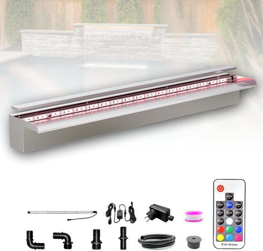Longrun 90cm Vijver Waterval Blade Kit, 304 RVS Waterval Feature Spillway, Outdoor Zwembad Fontein met 7 Kleuren LED Verlichting en Afstandsbediening, Breedte 15cm