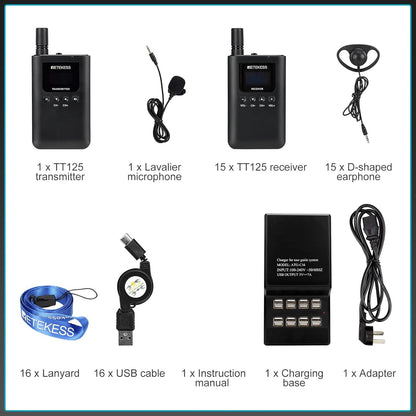 Retekess TT125 Audiotourgidssysteem, 180 m Lange Batterijlevensduur Audiodescriptiesysteem met TT002 16-Slots Opladerbasis, voor Toerisme, Fabriek, Conferentie, Kerk, Universiteit, Training