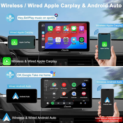 Carpuride C3 Draadloze Carplay & Android autoradio, draagbaar, 7 inch HD touchscreen, stereo ontvanger met AirPlay Link spiegels, bluetooth, navigatie, Siri, FM/AUX.