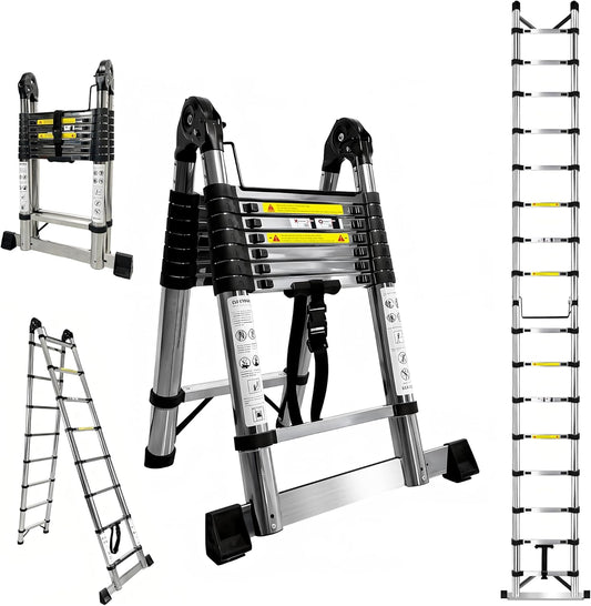Brsheco roestvrijstalen telescoopladder opvouwbare ladder 5 m (2,5 + 2,5 m), uitschuifbare ladder 2-in-1 multifunctionele ladder, met stabilisator, breed toepasbaar, stepladder, huishoudladder, draagv