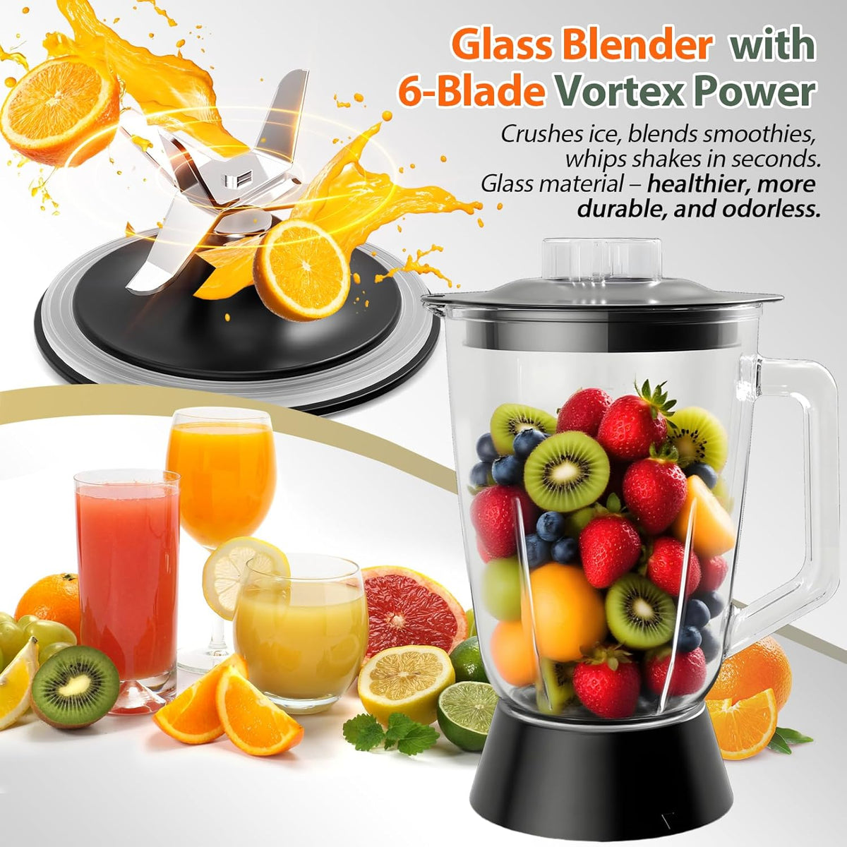 Keukenmachine en mixer combinatie 1500 W, 2,5 l hakmolen voor vlees, groenten en deeg, 2 l blender met glazen reservoir, 2 snelheden en pulsfunctie voor smoothies, sap enz.