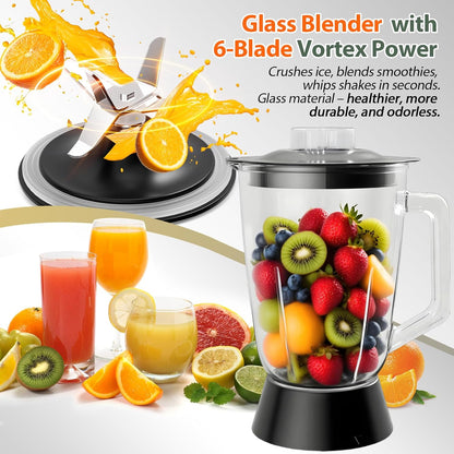 Keukenmachine en mixer combinatie 1500 W, 2,5 l hakmolen voor vlees, groenten en deeg, 2 l blender met glazen reservoir, 2 snelheden en pulsfunctie voor smoothies, sap enz.