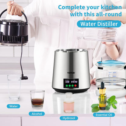 VEVOR Water Distillator, Tube Volume 4 L, 750 W, Water Distillator, 1 L/h, with Silver Glass Container for Kitchen, Office, Lab, Hospital, Dental Clinics, etc.