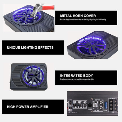 Ultradunne actieve subwoofer voor auto/truck, 10 inch, 800 W, met versterker, sterke bas, frequentie 20 Hz-150 Hz, inclusief bascontroller, met beschermingsfuncties, led-sfeerlicht (regenboog