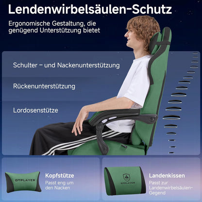 GTPLAYER Ergonomic Gaming Chair, Technical Fabric, with Lumbar Support, Computer Chair with Extended Backrest, Supports up to 150kg, Green - QUORE