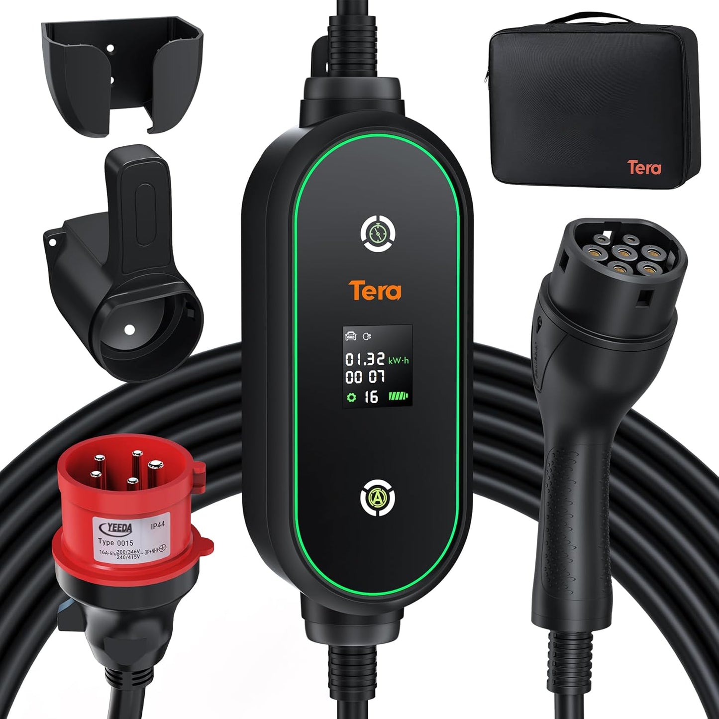 Tera Mobiele wandbox type 2 draagbaar: 11 kW 3 fasen 6-16 A 7,5 m CEE 5-pins EV-kabel oplader met vertraagd opladen en verstelbaar vermogen - autohouder