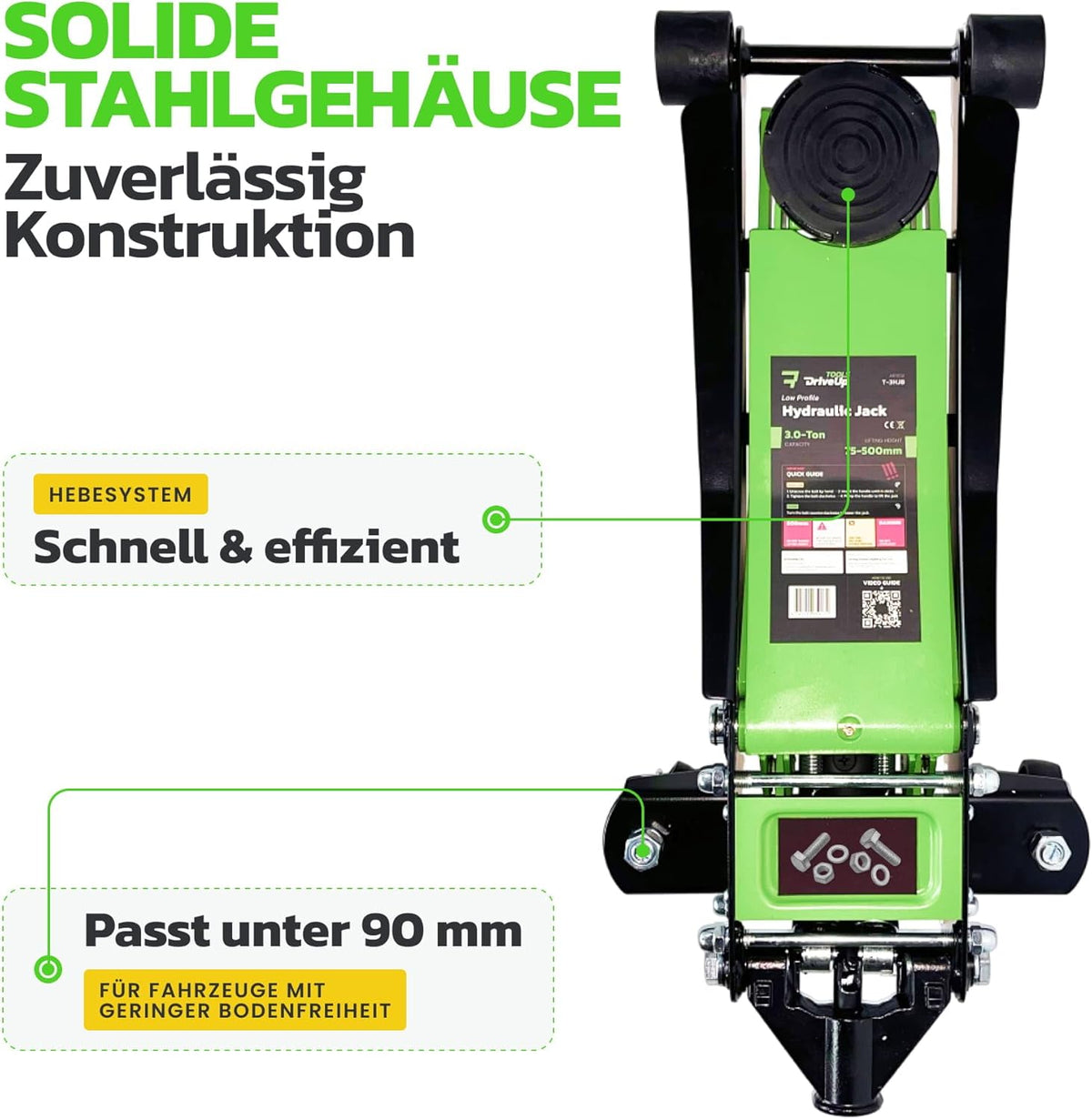 2026 Model, verbeterde en lichte hydraulische krik met laag profiel, dubbele zuigerslag 75-500 mm, draagkracht tot 3000 kg, robuuste krik voor auto's en SUV's