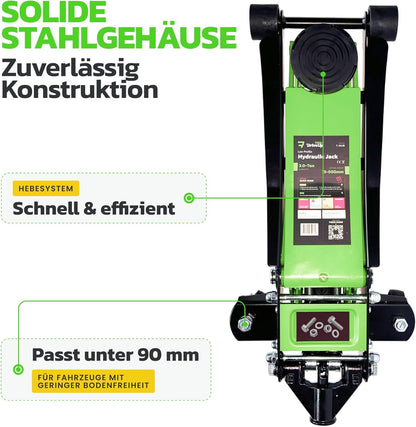2026 Model, verbeterde en lichte hydraulische krik met laag profiel, dubbele zuigerslag 75-500 mm, draagkracht tot 3000 kg, robuuste krik voor auto's en SUV's