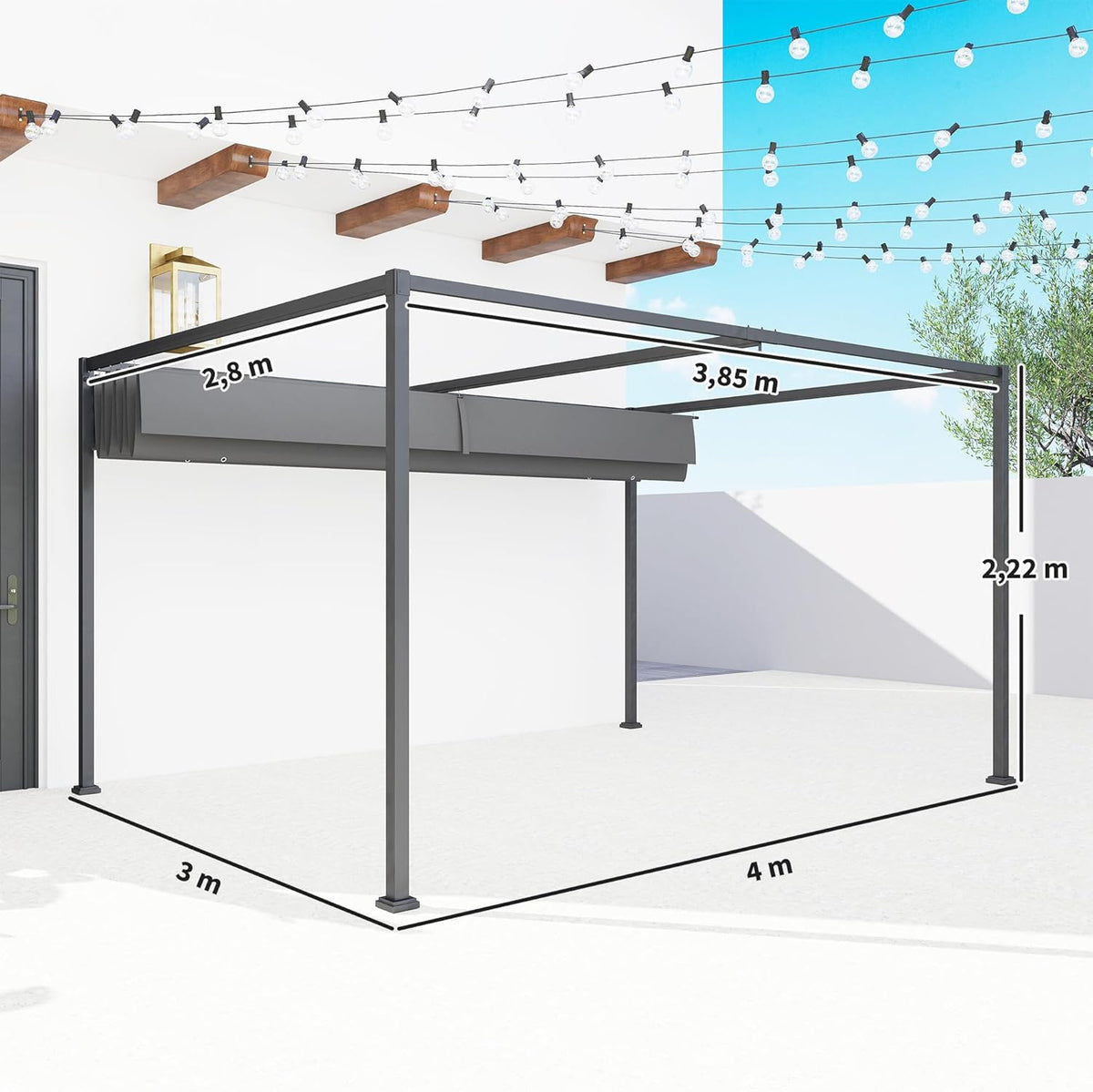 Pergola – Tuinpaviljoen – Overkapping – Terrasoverkapping – Vrijstaand – Schuifdak – Staal Met Poedercoating – Water- En UV-Bestendig Polyesterdak – 400x300x222 cm