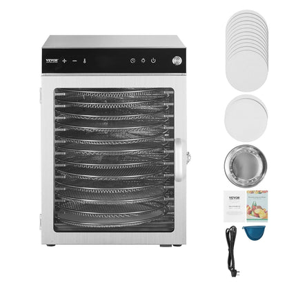 VEVOR Voedseldroger, 12 schalen van roestvrij staal, 800 W, met instelbare temperatuur en 24-uurs timer voor droog, fruit, groenten, kruiden