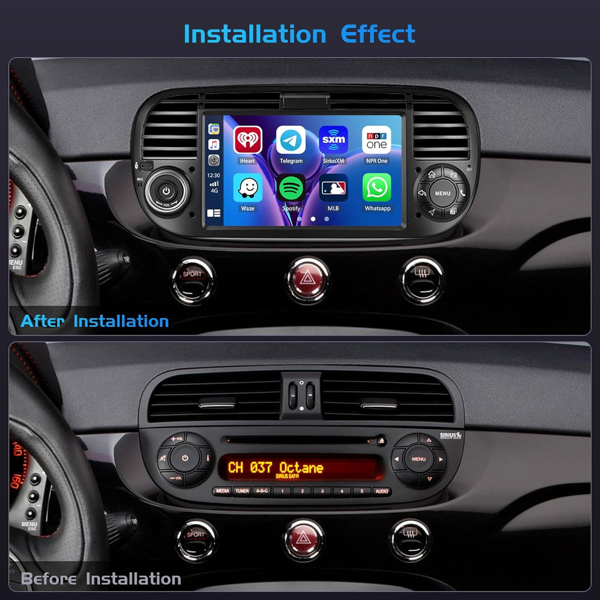 4+128G autoradio voor Fiat 500 2007-2015, Android 15 met 7-inch In-Cell scherm, ondersteunt draadloze CarPlay en Android Auto, Mirror Link, FM/RDS-radio, GPS, wifi, Bluetooth en SWC.