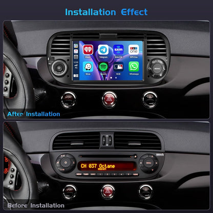4+128G autoradio voor Fiat 500 2007-2015, Android 15 met 7-inch In-Cell scherm, ondersteunt draadloze CarPlay en Android Auto, Mirror Link, FM/RDS-radio, GPS, wifi, Bluetooth en SWC.