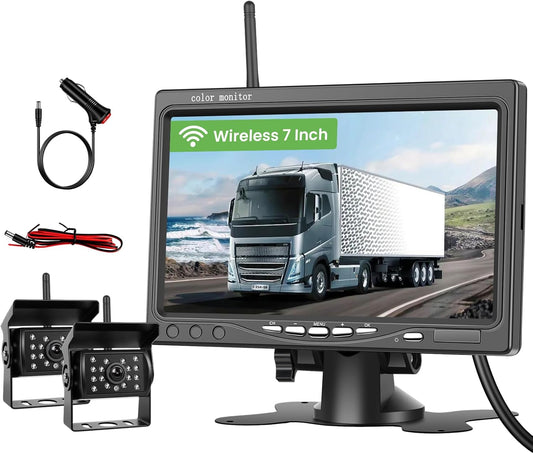 1080P HD draadloze achteruitrijcameraset, 7 inch lcd-monitor met 2 achteruitrijcamera's voor aanhanger, camper, vrachtwagen, auto, bus, doe-het-zelf geleidingslijnen, IP68 waterdicht