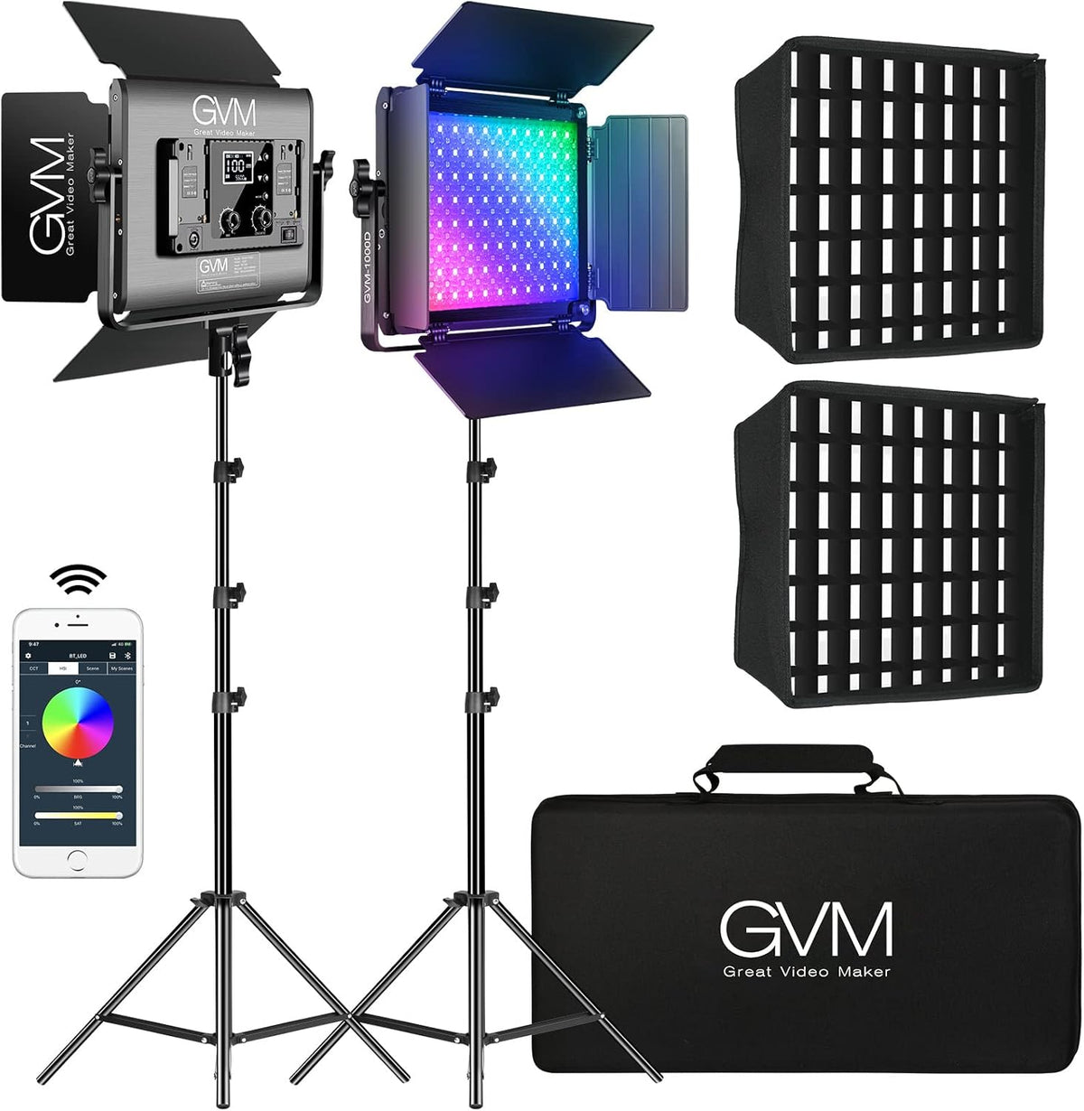 GVM RGB videolichtpaneel met softbox, 45 W led-fotografielamp met lichtstatief, app-bediening, 15000 lux/0,5 m, 3200 K-5600 K, studio-continu licht voor video-opnames, YouTube Streaming, CRI97+ 18