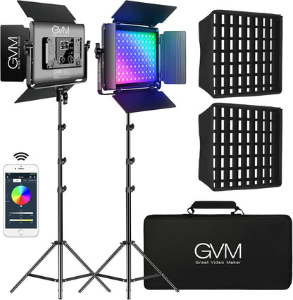 GVM RGB videolichtpaneel met softbox, 45 W led-fotografielamp met lichtstatief, app-bediening, 15000 lux/0,5 m, 3200 K-5600 K, studio-continu licht voor video-opnames, YouTube Streaming, CRI97+ 18