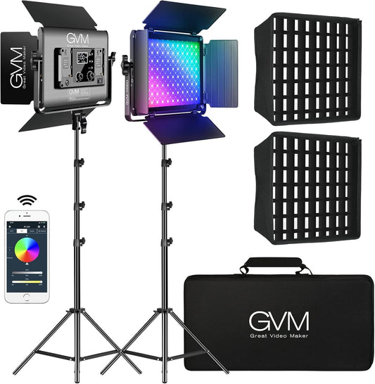 GVM RGB videolichtpaneel met softbox, 45 W led-fotografielamp met lichtstatief, app-bediening, 15000 lux/0,5 m, 3200 K-5600 K, studio-continu licht voor video-opnames, YouTube Streaming, CRI97+ 18