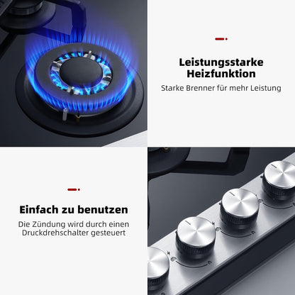 Gaskookplaat – Glazen Kookplaat – Inbouwkookplaat – Gasfornuis – Fornuis – 4 Vlammen – Wokbrander – 60 cm – 8000 Watt