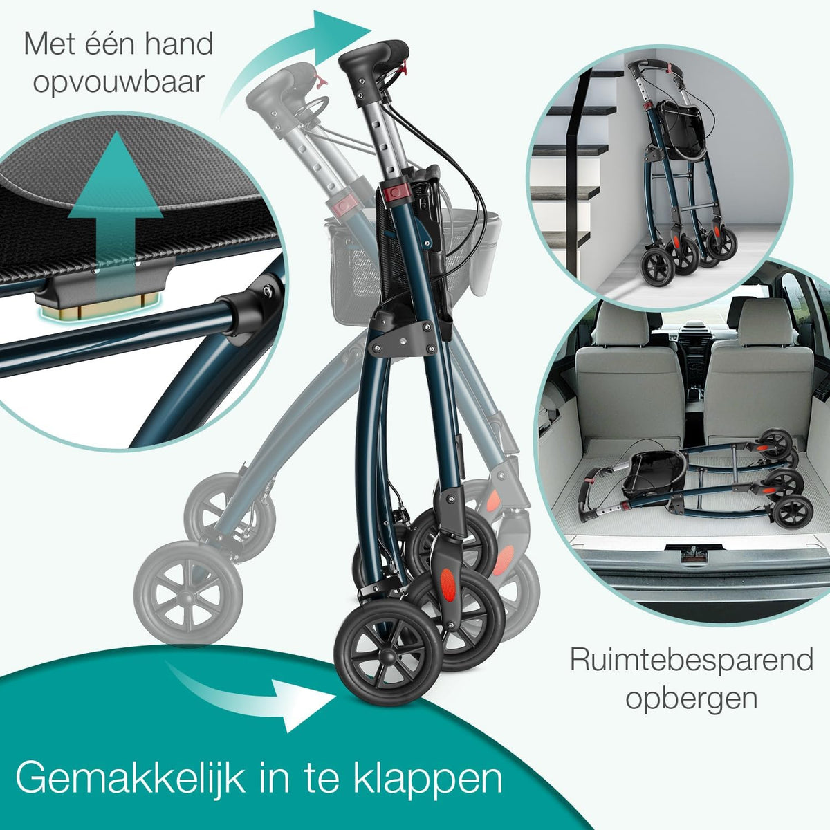 ELONEO Lichtgewicht Rollator voor Binnen - 54 cm Breed, Opvouwbaar Looprek met Dienblad en Stoffen Mandje, Smalle Rollator van Aluminium, Inklapbaar Mobiliteitshulpmiddel, Antraciet