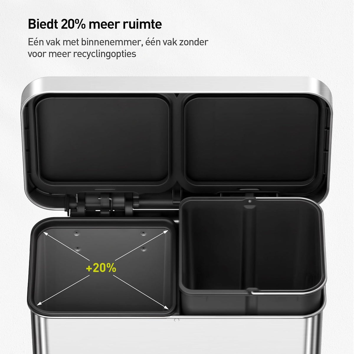 EKO Deluxe Prullenbak 2 Vakken, 40 + 28 liter, Recyclebare Vuilnisemmer, 12 vuilniszakken, Afvalscheiding met uitneembare binnenemmer, duurzame pedalen, soft closing, Vingerafdrukbestendig