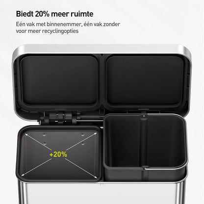 EKO Deluxe Prullenbak 2 Vakken, 40 + 28 liter, Recyclebare Vuilnisemmer, 12 vuilniszakken, Afvalscheiding met uitneembare binnenemmer, duurzame pedalen, soft closing, Vingerafdrukbestendig
