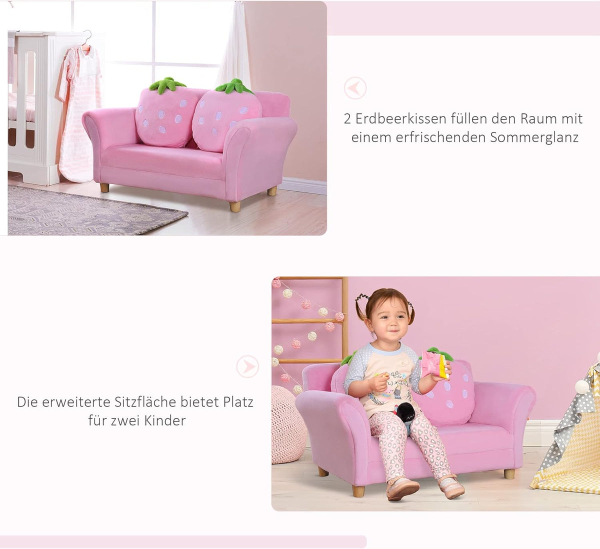 Kinderbank – Kinderstoel – Zitzetel – Bankje – Sofa – Aardbeienmotief – Stevig Houten Frame – Zachte Coral Fleece Bekleding