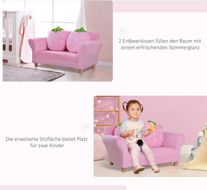 Kinderbank – Kinderstoel – Zitzetel – Bankje – Sofa – Aardbeienmotief – Stevig Houten Frame – Zachte Coral Fleece Bekleding
