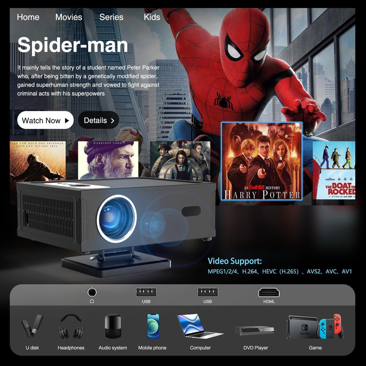 beamer Full HD 1080P Ondersteuning 4K, Smart Projector 4K met WiFi 6 BT 5.0, Mini beamer Ondersteunt Automatische Horizontale Keystone Correctie en Remote Focus