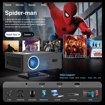 beamer Full HD 1080P Ondersteuning 4K, Smart Projector 4K met WiFi 6 BT 5.0, Mini beamer Ondersteunt Automatische Horizontale Keystone Correctie en Remote Focus