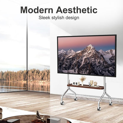Mobiele tv-kar – Verrijdbare tv-standaard, rollende tv-standaard, tv-wagen, tv-standaard met wielen – Voor 32-75 inch LCD LED OLED flatpanel schermen – Roestvrij staal met vergrendelbare wielen en enkellaags houten opbergplank