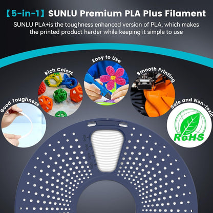 SUNLU Bundle 10 kg PLA Plus filament, meerkleurig, voor 3D-printers, PLA+ filament 1,75 mm, 1 kg/spoel, 10 spoelen, zwart + wit + grijs + rood + klein blauw + groen + lichtgeel + oranje +