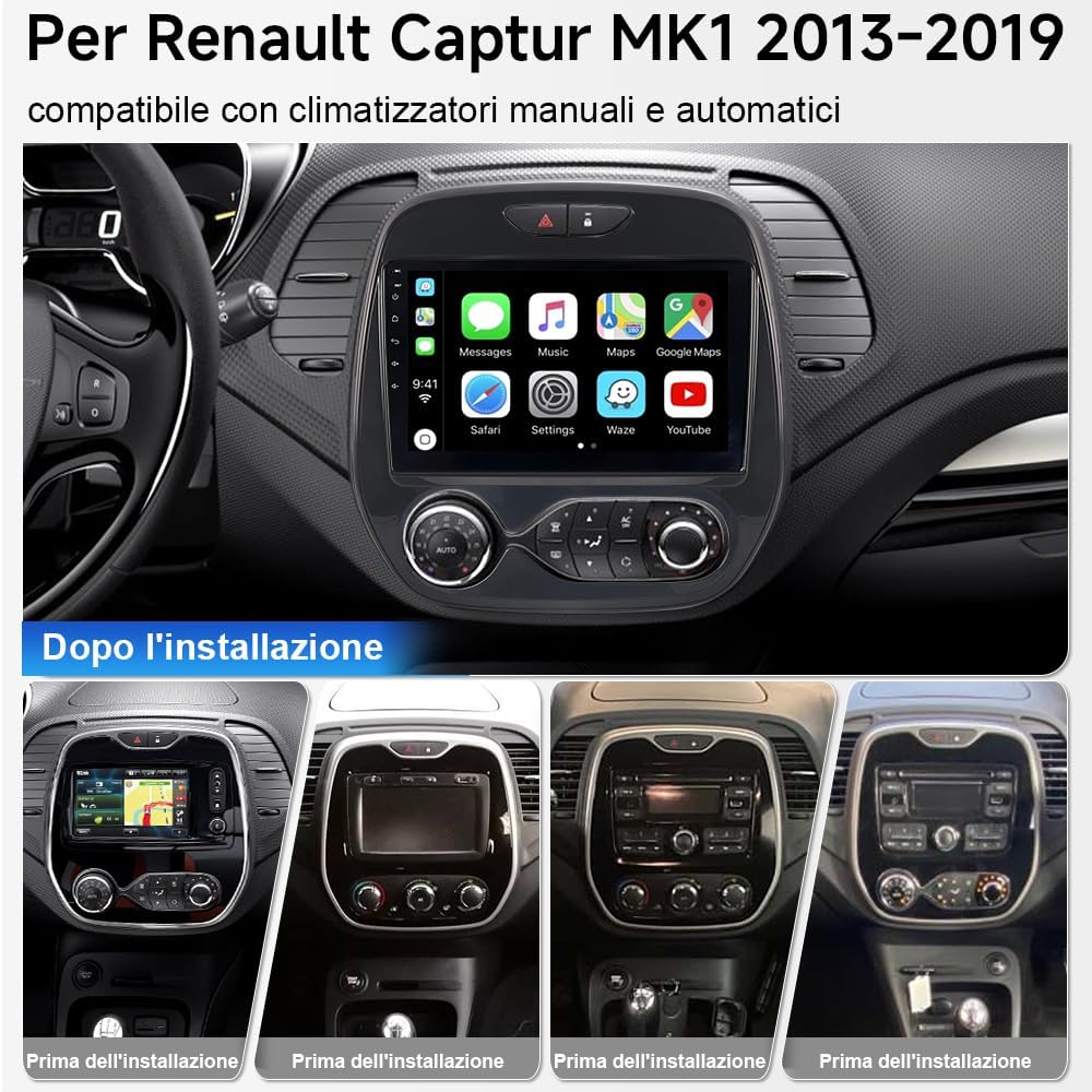 Autoradio, Android 15, 4 + 64 GB, 9 inch touchscreen, met draadloze Carplay, Android auto, Bluetooth 5.4, wifi, 6 GPS-navigator, stereo voor Renault Captur MK1 2013-2019 auto tablet