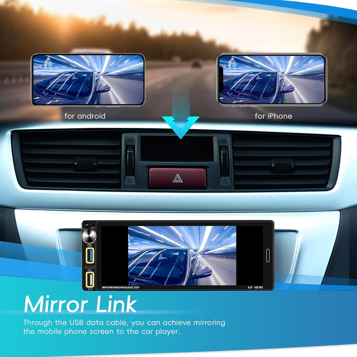 Hikity Autoradio met Scherm 1 Din Draadloze CarPlay Android Auto, 6,9 Inch HD Touch Screen Radio Bluetooth Handsfree Auto MP5 Speler met Achteruitrijcamera EQ FM SWC USB Type-C