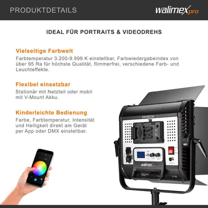 Walimex pro Rainbow 50W LED RGB vlaklamp 1-delige set met statief - set van 1x studielamp videolamp + 1x statief, lamp 360 kleuren, 50W 3200-999K CRI 95, V-Mount accu, dimbaar, app of DMX