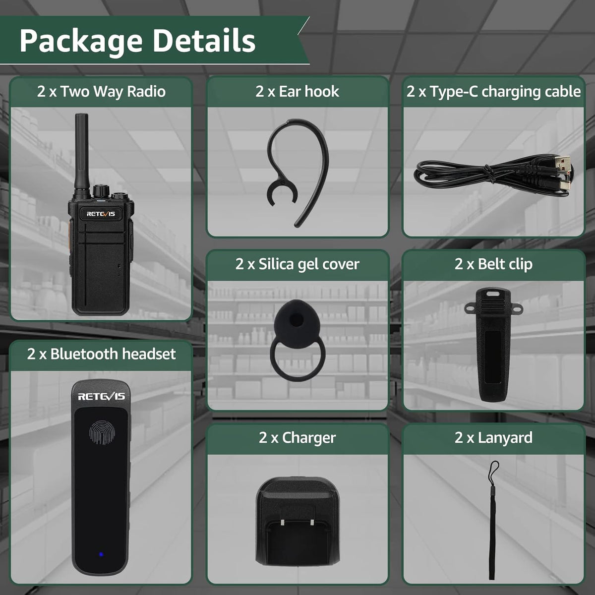Retevis RB637 Bluetooth-walkie-talkie, bidirectionele radio met draadloze Bluetooth-hoofdtelefoon, type-C 2000mAh, VOX, zaklamp, draadloos exemplaar, PMR-walkie-talkie voor restaurant (zwart, 2 stuks)