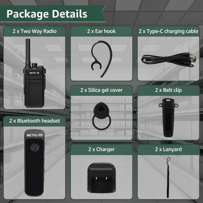 Retevis RB637 Bluetooth-walkie-talkie, bidirectionele radio met draadloze Bluetooth-hoofdtelefoon, type-C 2000mAh, VOX, zaklamp, draadloos exemplaar, PMR-walkie-talkie voor restaurant (zwart, 2 stuks)