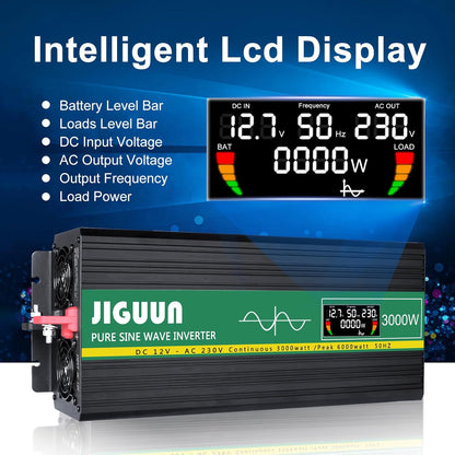 JIGUUN 3000W omvormer 12v naar 230v zuivere sinus inverter met draadloze afstandsbediening LCD-scherm 2 Eu-stopcontact & 1 USB-poort Piekvermogen 6000W voor auto, camping, reizen (3000W12V)