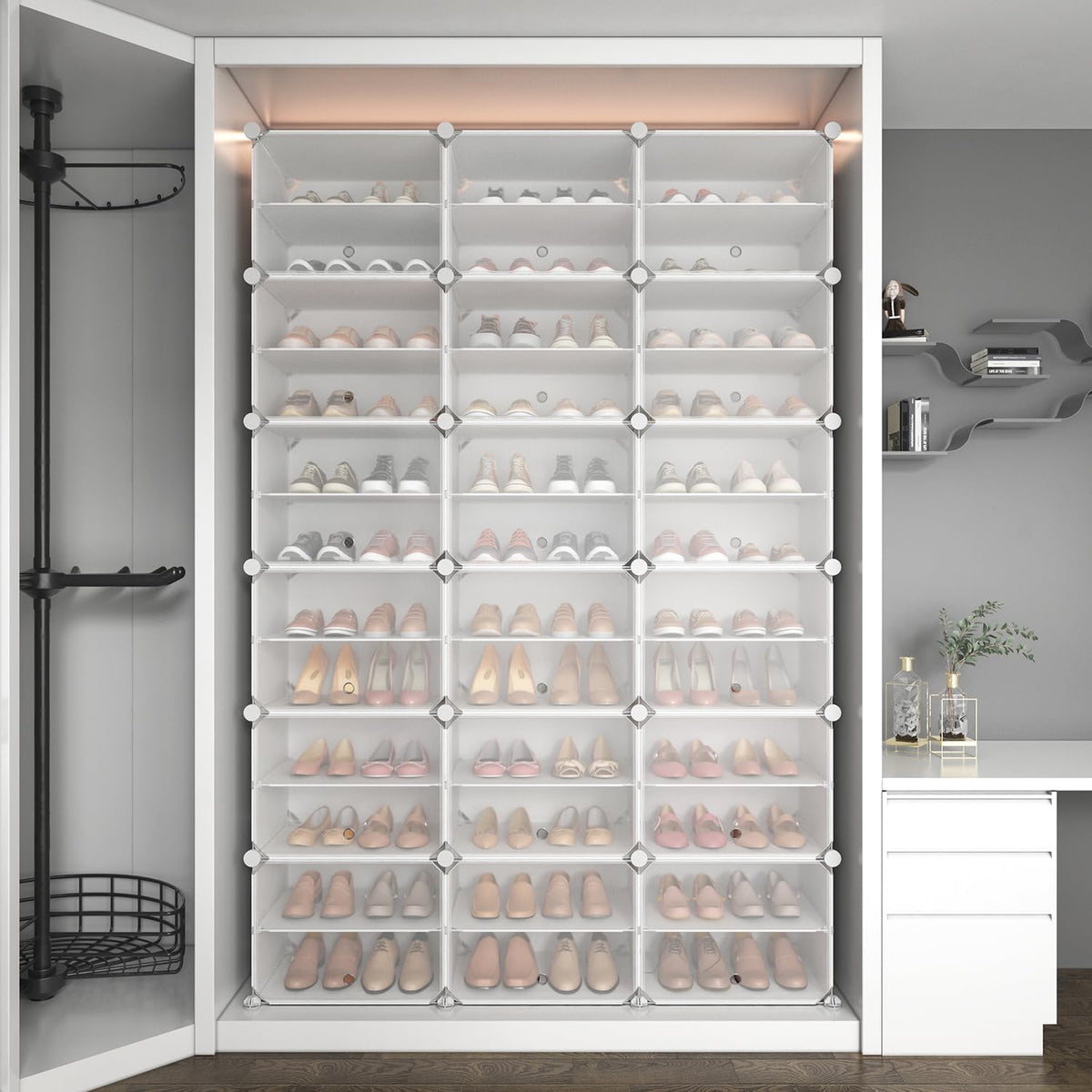Schoenenkast – Schoenenrek – Schoenenopberger – Schoenendisplay – Schoenenbord – 12 Niveaus – Transparante Deuren – 72 Paar – Duurzaam Kunststof – Modulair Ontwerp - QUORE