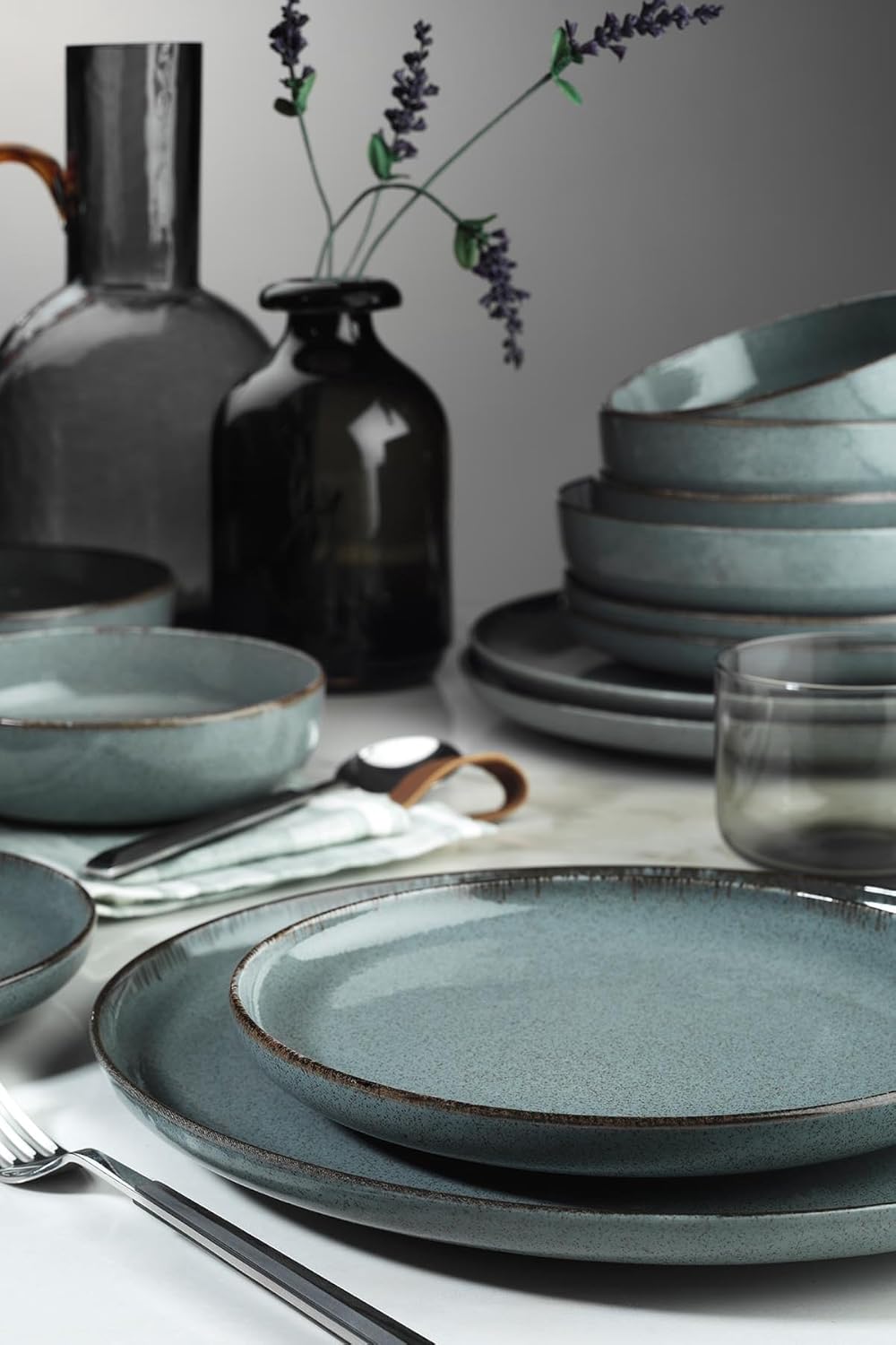 Elegante 16-delige dinerset, turquoise porselein, inclusief 4 borden (24 cm), dessertborden (21 cm), borden (20 cm), kommen (15 cm), vaatwasmachinebestendig en magnetronbestendig