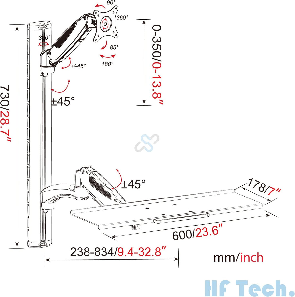 HFTEK FY02WS Monitorhouder, wandhouder voor schermen van 13 tot 34 inch met VESA75 / 100 - toetsenbordhouder met gasveer arm
