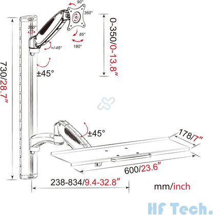 HFTEK FY02WS Monitorhouder, wandhouder voor schermen van 13 tot 34 inch met VESA75 / 100 - toetsenbordhouder met gasveer arm