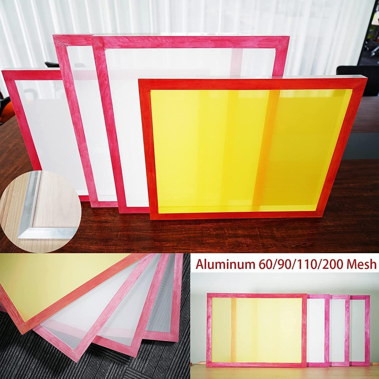 Aluminium zeefdrukschermen, formaat 20 x 24 "inch voorgespannen zeefframe, droog zeefscherm aluminium frame, polyester gaasscherm, 4 gaasmaten -60,90,110,200 (Micron Equiv. 250, 165, 149, 75)