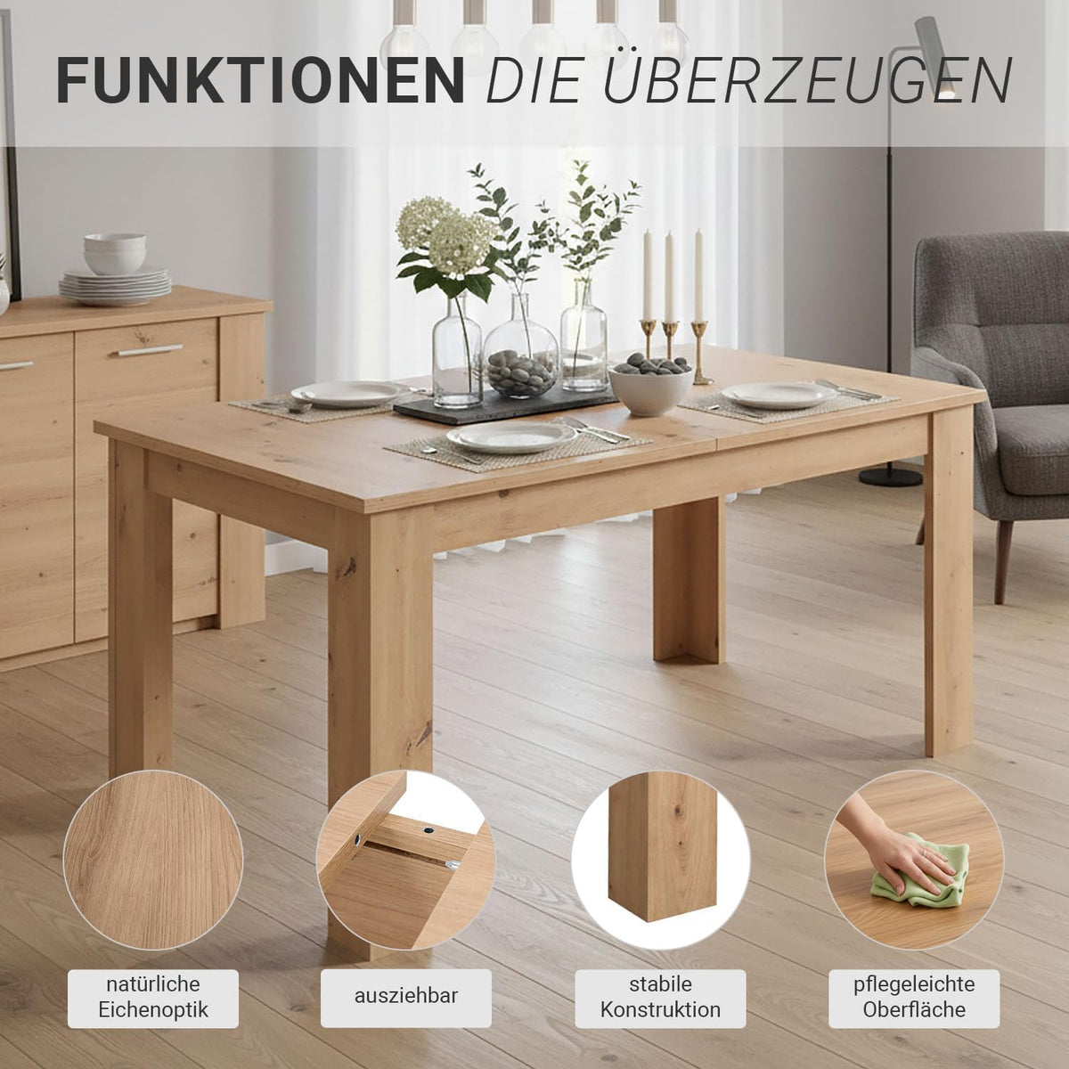 Uittrekbare Eettafel – Uitklapbare Tafel – Verlengbare Keukentafel – Multifunctionele Tafel – Eetkamertafel – Massief Hout – 120x80 cm Uitbreidbaar tot 160 cm – Geschikt voor 6 Personen