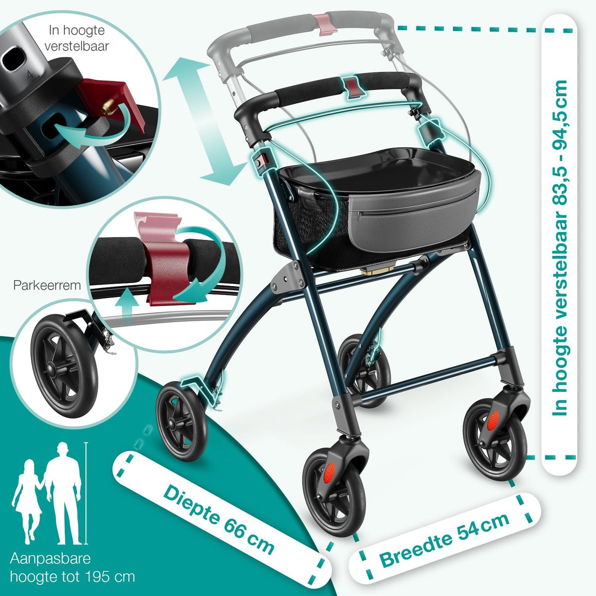 ELONEO Lichtgewicht Rollator voor Binnen - 54 cm Breed, Opvouwbaar Looprek met Dienblad en Stoffen Mandje, Smalle Rollator van Aluminium, Inklapbaar Mobiliteitshulpmiddel, Antraciet